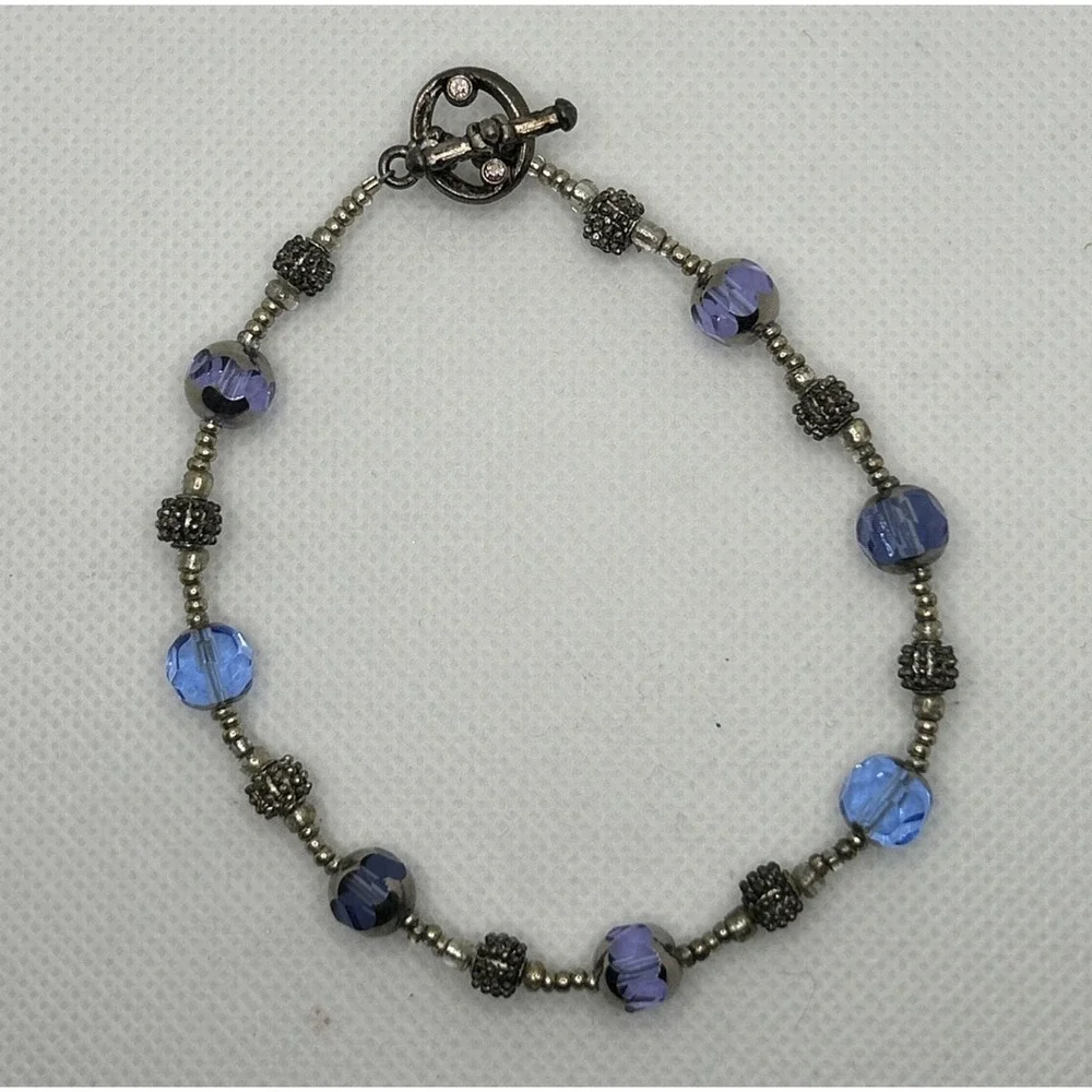 Blue Purple  Faceted Glass Beaded‎ Bracelet Toggle Clasp Vtg StyIe 7.75 in